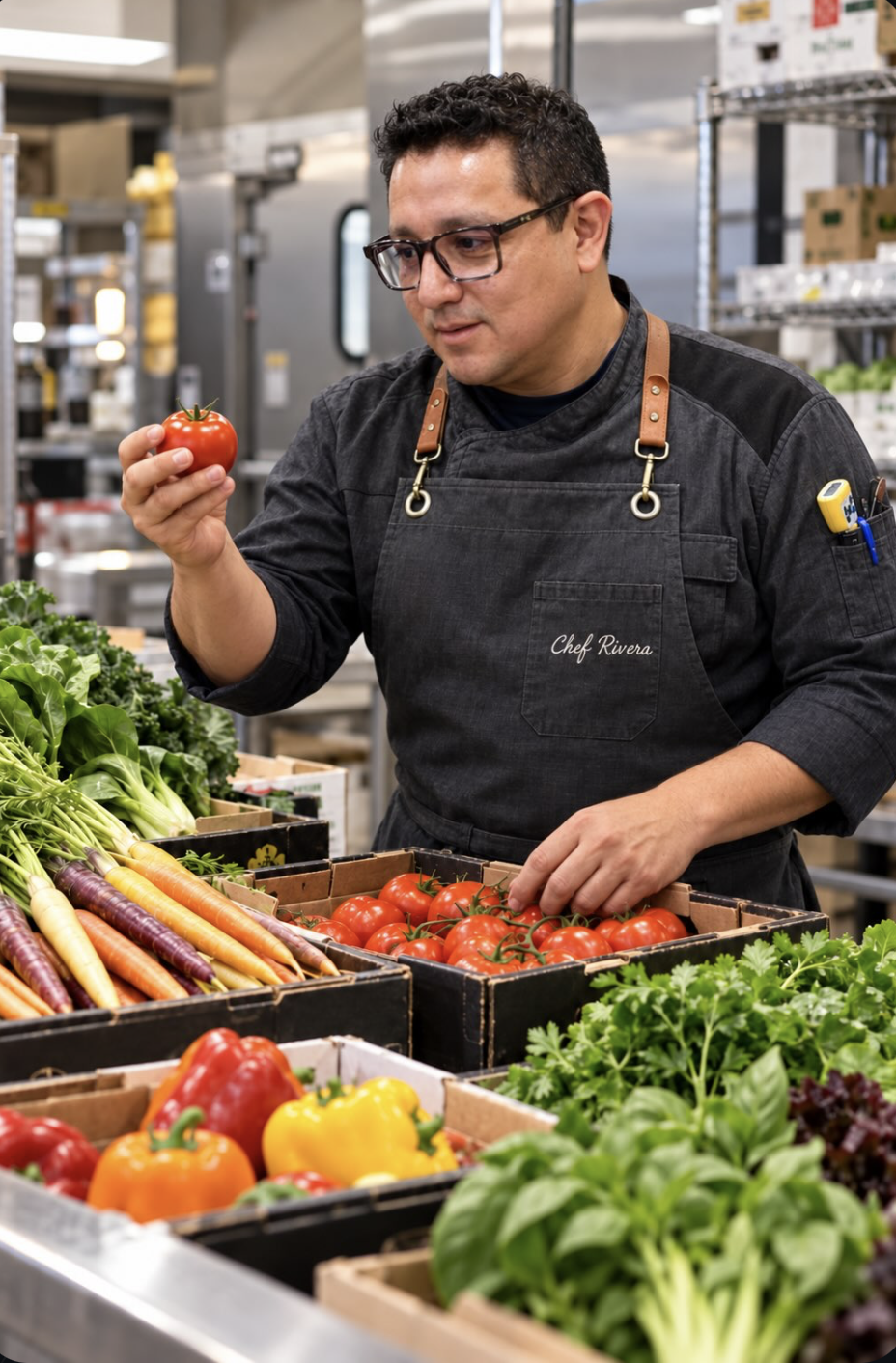 At the receiving door, quality is important - Chef Henry Rivera inspecting incoming produce