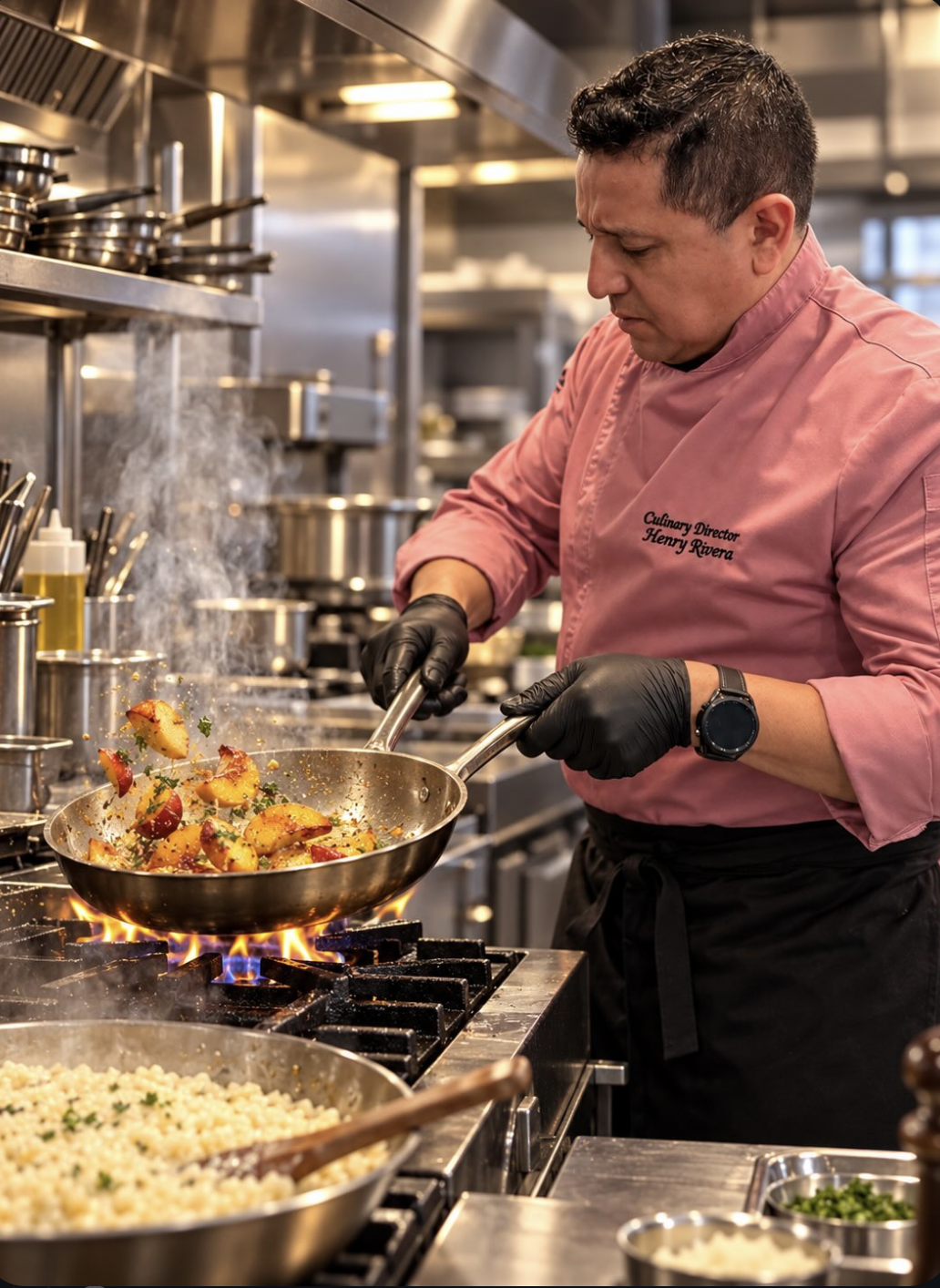 At sauté station - Chef Henry Rivera executing high-volume dish sautés